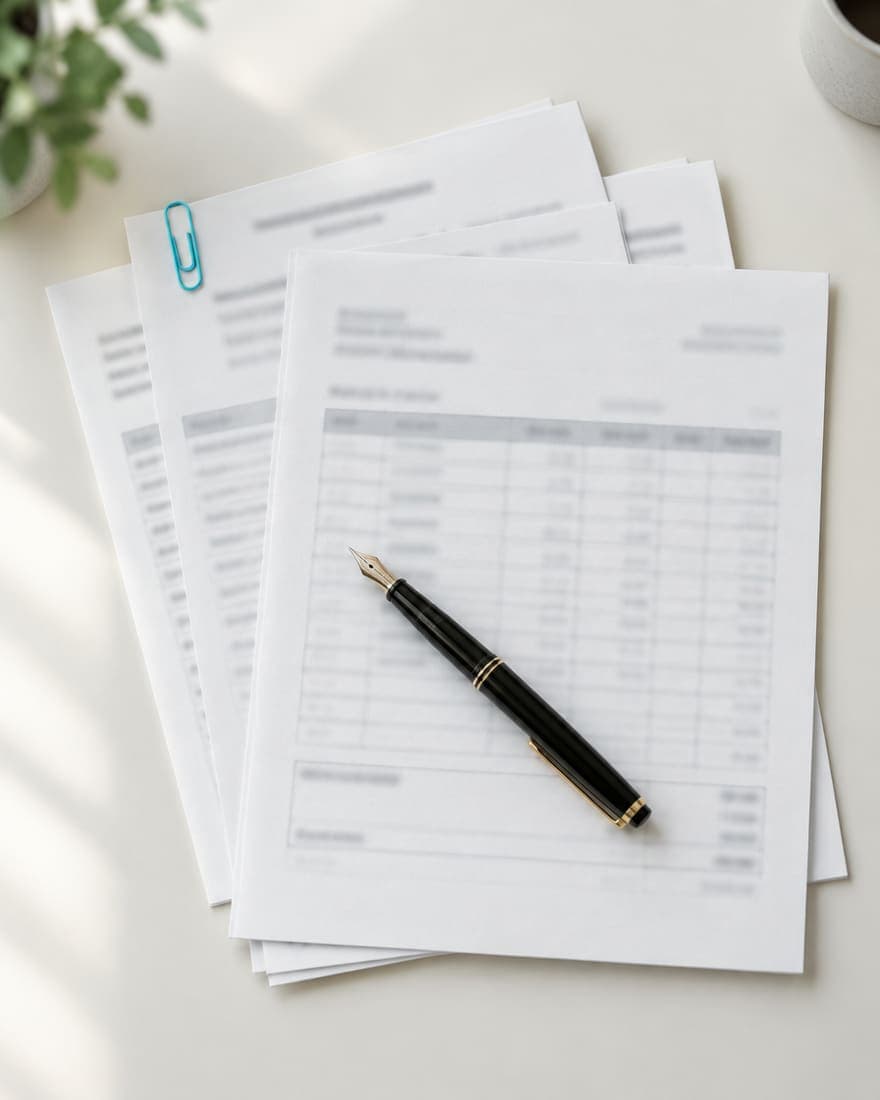 A stack of printed invoices and a timesheet on a pale desk with a fountain pen laid across them.