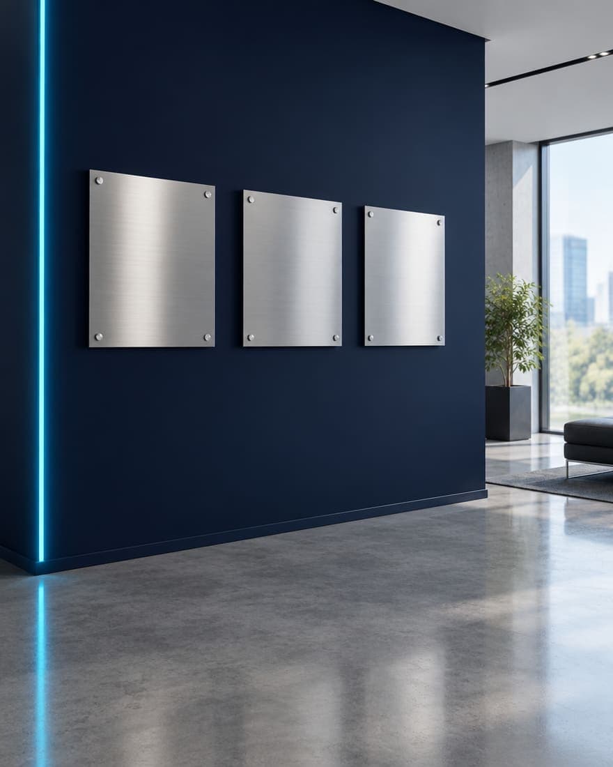 Three blank brushed-steel nameplates side by side on a navy office wall.