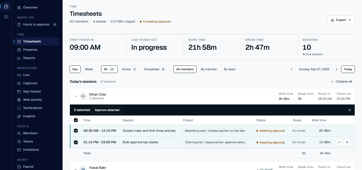 The Timesheets page with two entries selected and an Approve selected bar: each row shows the time span, session, project, status, break and work time.